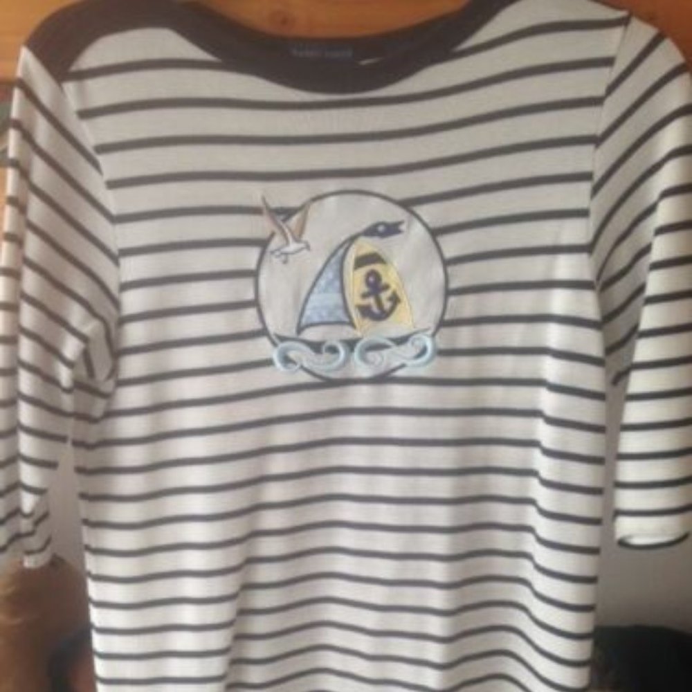EUC *KAREN SCOTT *NAUTICAL Blue & White STRIPE embroidered TUNIC TOP *3/4 slv* S